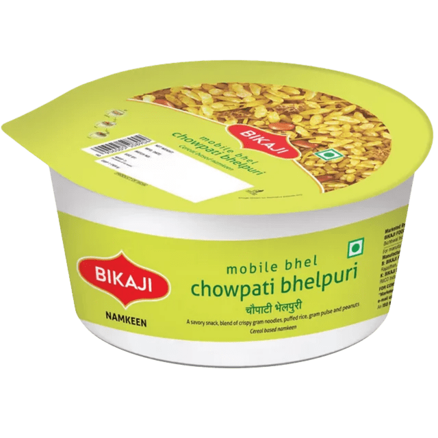 Bikaji Chowpati Bhelpuri mobile bhel snack cup with yellow-green lid and white base, featuring a savory Indian snack blend of crispy gram noodles, puffed rice, gram pulses, and peanuts, suitable for on-the-go snacking.