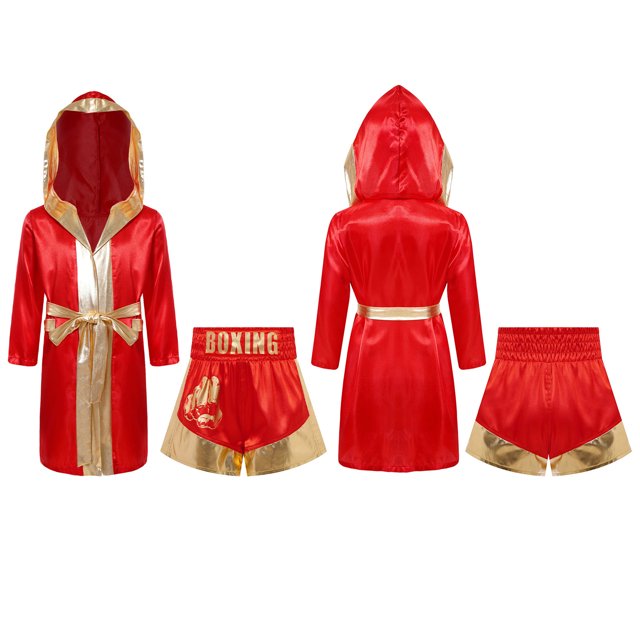 Fldy Kids Boys Boxing Uniform Set 2Pcs Boxing Robe And MMA Shorts Boxer Costume Halloween Outfit Red Gold 14