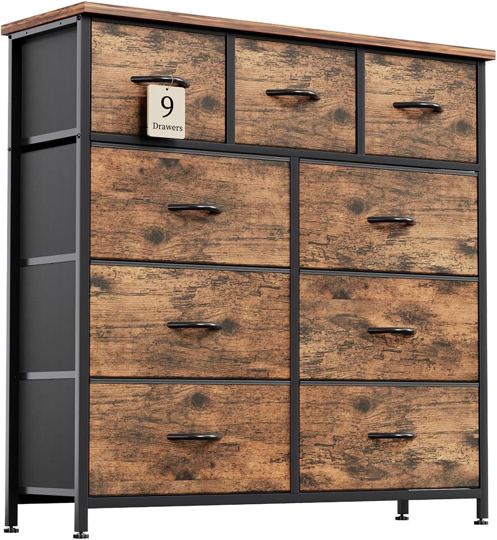Bedroom Dresser with 9 Drawers, Wood Top Drawer Chest, High Fabric Dresser Bedroom Gap, Living Room TV Stand Storage Drawers, Wardrobe, Entryway, Rustic Brown,11 Drawers