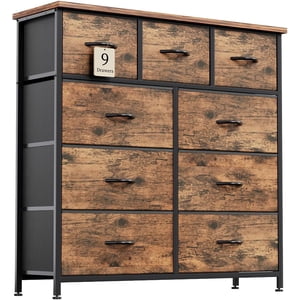 Dresser chambre avec 9 Tiroirs, Table de tiroirs en bois, haut tissu Dresser Chambre Gap, salon TV Tiroirs de rangement, armoire, entrée, brun rustique,11 Tiroirs