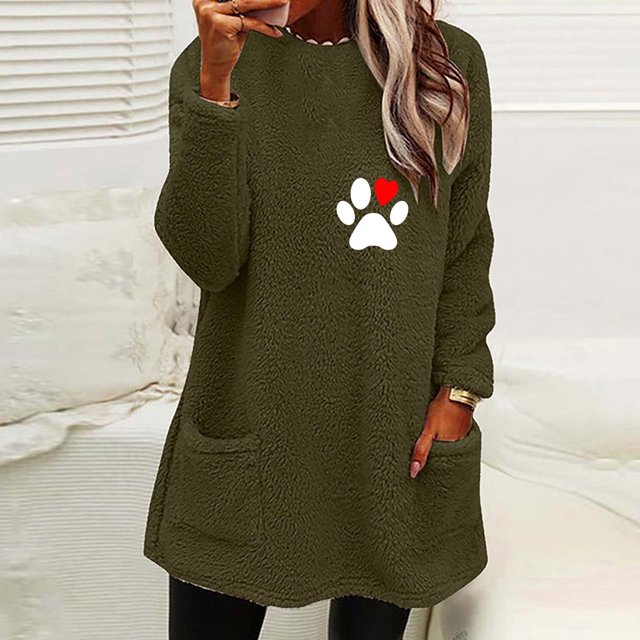 Hauts d'Automne pour Femmes Col Rond pour Femmes et Blouse d'Hiver Ample à Imprimé avec Poche, Chaude, à Manches Longues, Chandail à Col Rond pour Femmes en Liquidation