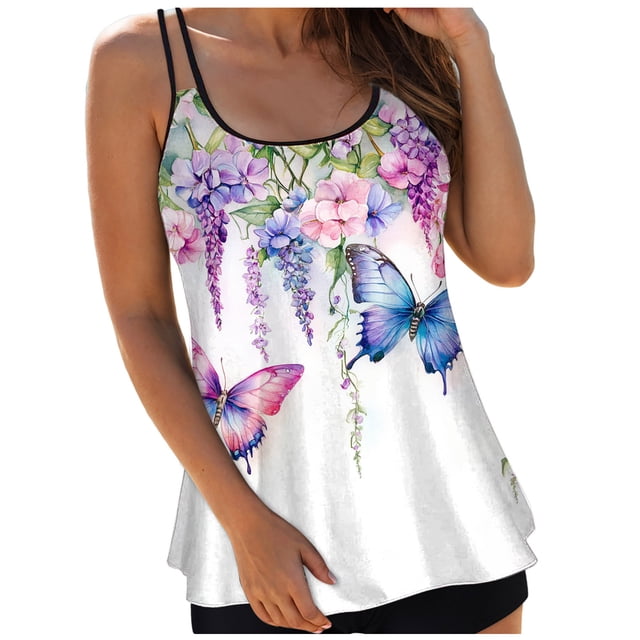 NIEWTR Tankini Haut pour Femmes, Maillots de Bain à Col Rond, Maillot de Bain Modeste à Effet Ventre Plat, Bretelles Spaghetti, Haut de Tankini (Blanc, G)
