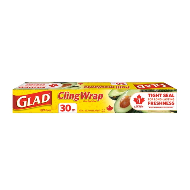 Glad Pellicule Adhérente 30 m Boîte d'Emballage Alimentaire Transparente avec Fond Jaune, Présentant des Moitiés d'Avocat et un Texte Rouge Mettant en Valeur Sans BPA, Scellage Serré pour une Fraîcheur Durable, et Marque #1 au Canada, Convient pour Sceller et Conserver les Aliments.