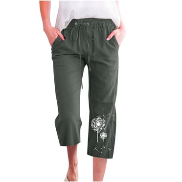 Plus Size Pants in Clearance Women's Light Weight Summer Capris Casual Cotton Linen Pants Beach Pants Straight Leg Capris Pants Print Trouser Women's Capris Hiking Pants New Greeny XXL