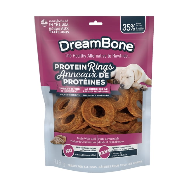 DreamBone® Anneaux Protéinés avec Vraie Dinde et Canneberges, 119 g, Anneaux Protéinés à Mâcher Sans Cuir Brut pour Tous les Chiens dans un Sac Refermable Montrant Plusieurs Gâteries à Anneaux Protéinés Brunes, Contenant 35 % de Protéines par Anneau, Fabriqué aux É.-U. Sans Agents de Conservation Ni Colorants Artificiels.