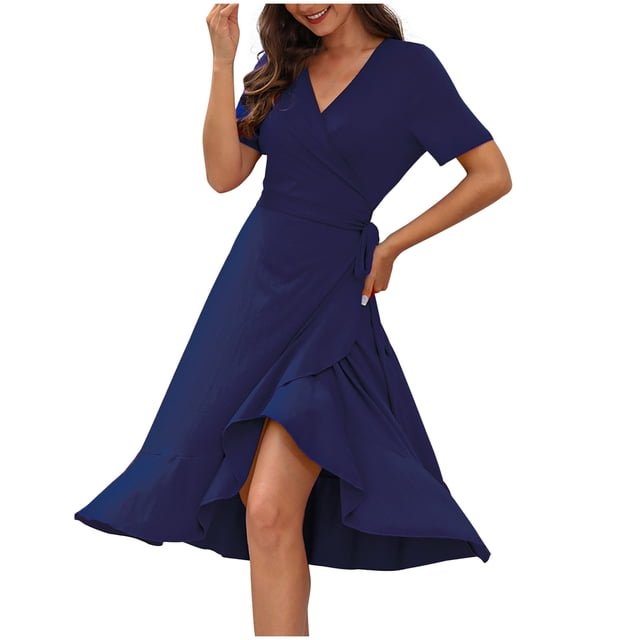 Robes Décontractées pour Femmes à Manches Courtes Portefeuille à Col en V à Volants Robe Midi d'Été Coupe Ample Fluide Asymétrique avec Ceinture