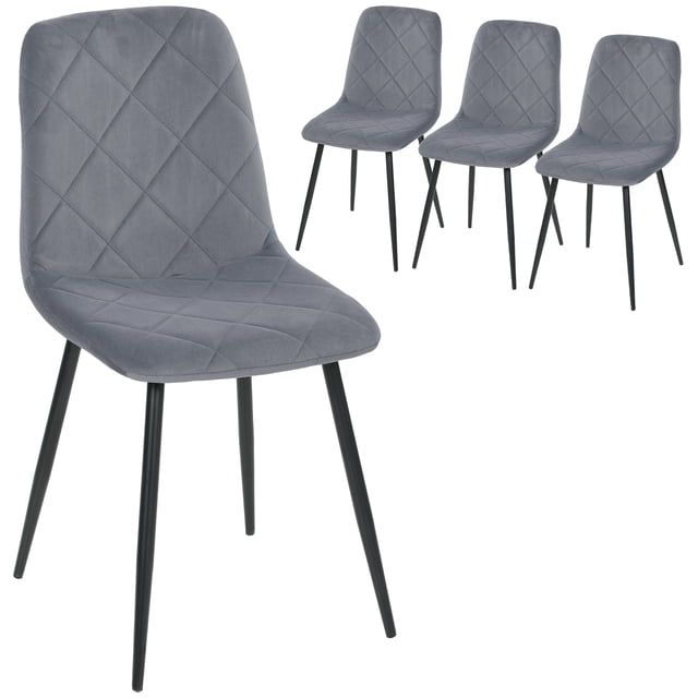 HOMCOM Dining Chairs Set of 4, Kitchen Chair with Metal Legs, Grey centered, front-facing view of four grey velvet dining chairs with modern tufting, padded seats and solid backs, powder-coated steel legs with protective foot pads; dimensions 17.7" W x 34.3" H. Suitable as extra seating for a home office or entryway.