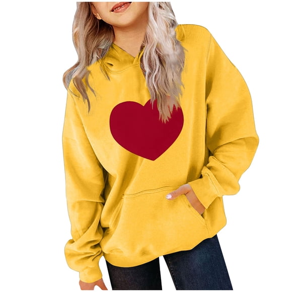Milgrthf Girls Heart Patch Hoodies Sweatshirts Heavyweight Long Sleeve Crew Neck Hooded Pullover for Tween Girl Yellow 9 Years