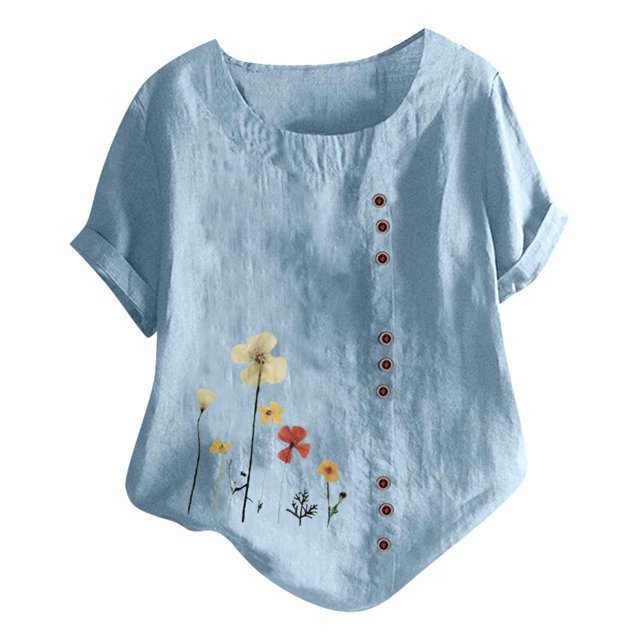 EQWLJWE Chemises pour Femmes Liquidation T-Shirts pour Femmes Femmes Manches Courtes Décontracté Col Rond Imprimé Ample Tunique à Boutons Chemise Blouse Hauts