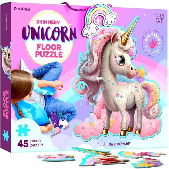 Dan&Darci Jumbo Shimmery 45-Piece Unicorn Floor Puzzle For Kids Ages 3-6 Years Old- Large Toddler Puzzles Age 3, 4, 5, 6 Year Olds - Unicorn Easter Toys For Girls - Little Girl Birthday Gift