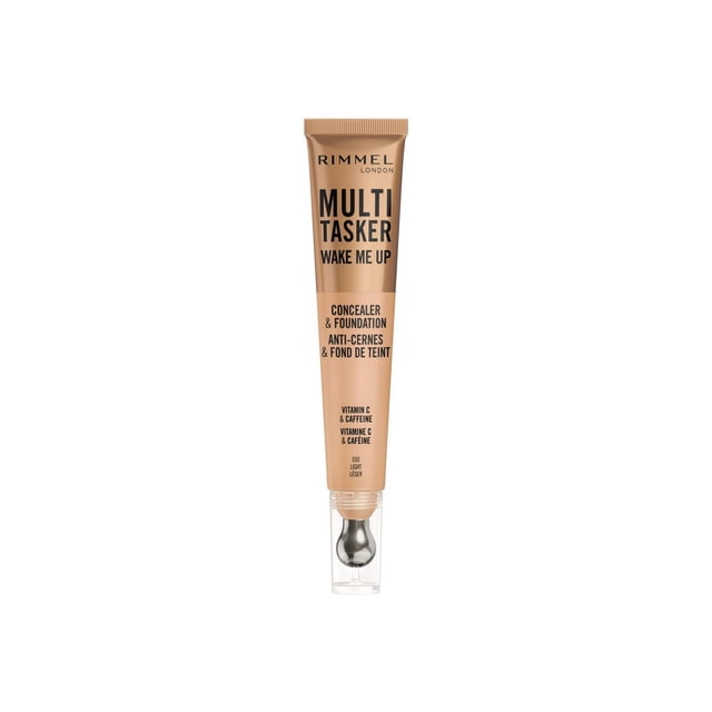 Multi-Tasker Wake Me Up, Concealer & Foundation by Rimmel London, a beige tube with black text and a metal applicator tip under a clear cap, featuring a buildable formula with vitamin C, caffeine, and 2% niacinamide to brighten, correct, and firm skin, ideal for targeted or all-over face application.