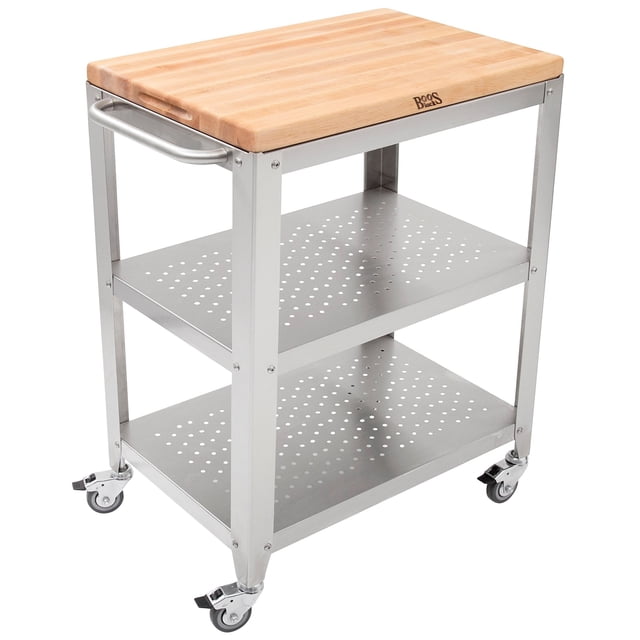 John Boos Cucina Culinarte Chariot de Cuisine avec Dessus de Planche à Découper Amovible en Bois d'Érable Mesurant 20 x 30 x 1,5 Pouces. Comprend un Cadre en Acier Inoxydable, Deux Tablettes Perforées, un Barre à Serviettes et Quatre Roulettes Verrouillables pour une Mobilité Facile. Idéal pour les Professionnels de la Cuisine et les chefs à Domicile.