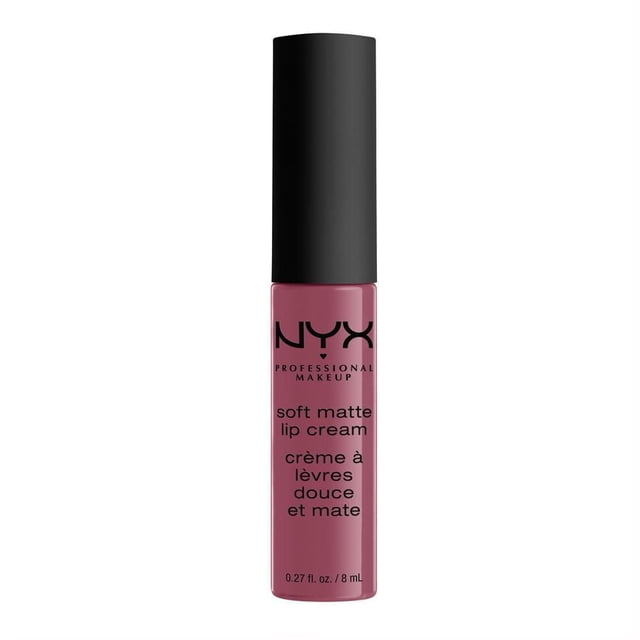 NYX Professional Makeup Soft Matte Lip Cream in mauve pink with a black matte cap, featuring the brand logo and product name in black text on the tube, 0.27 fl. oz. (8 mL), delivering a creamy, lightweight formula that sets to a soft matte finish ideal for daily lip wear.