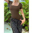 thumbnail image 4 of Women's 2 Piece Bodysuits Ribbed Square Neck Short Sleeve Bodysuits Coffee Color S, 4 of 8