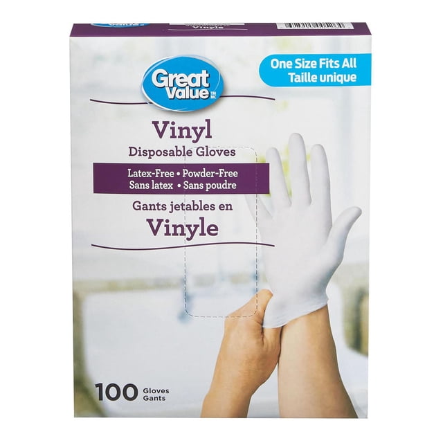 Great Value Vinyl Disposable Gloves box showing a hand pulling on a white vinyl glove, powder-free and latex-free, one size fits all, with 100 gloves ideal for kitchen cleaning and multi-purpose household tasks.