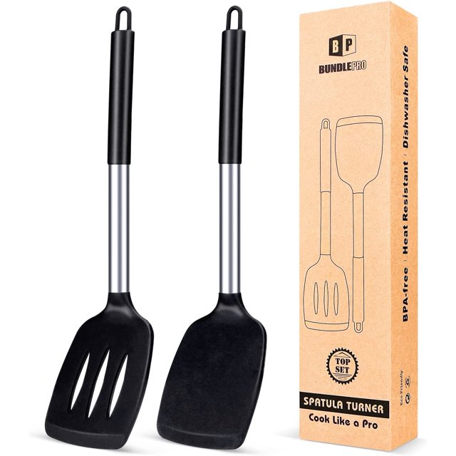 Bundlepro Pack of 2 Silicone Spatulas Turners, Non Stick Slotted and Solid Kitchen Utensils