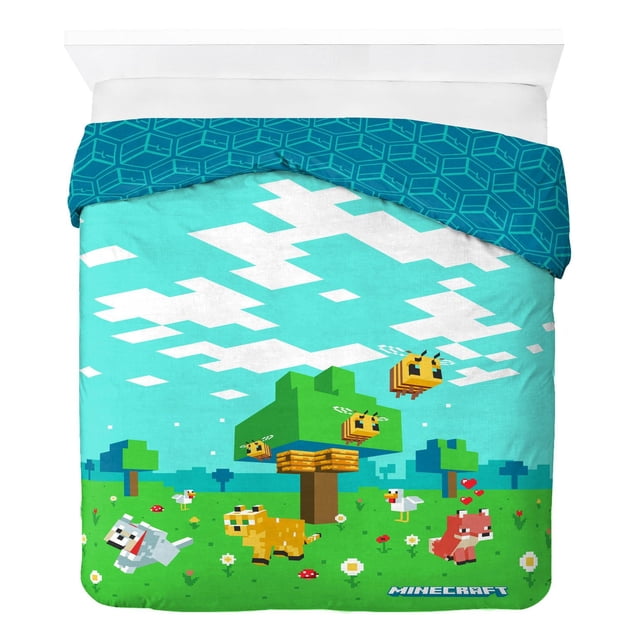 Minecraft Beautiful Day Twin/Full Reversible Comforter featuring a pixelated outdoor scene with bees flying near a tree, a dog, cat, fox with hearts, and chickens on green grass under a blue sky with blocky white clouds, sized 72 by 86 inches for twin or full beds, machine washable for easy care.