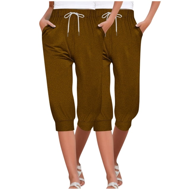 Timegard 2pc Capri Pants for Women Elastic High Waisted Drawstring Comfy Casual Crop Pants with Pockets