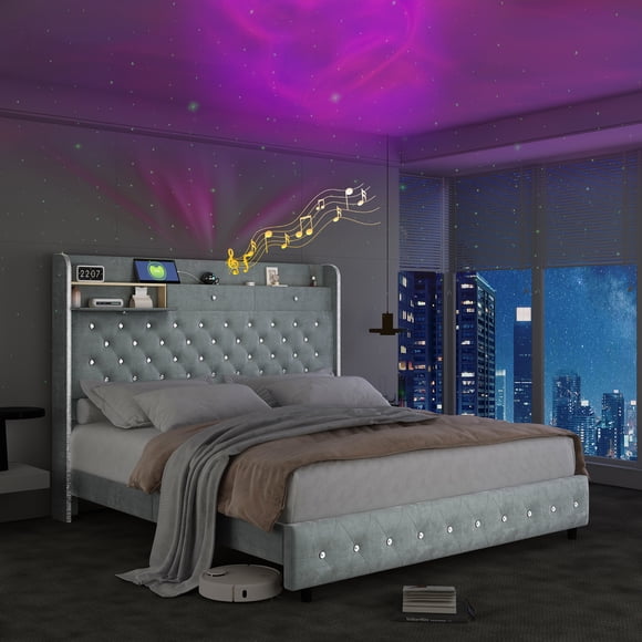 SIBEDS Cadre de Lit Grand à DEL avec Tête de Lit Rembourrée Capitonnée à Boutons Cristal de 52 Pouces, Projecteur Galaxie et Station de Recharge, Aucun Sommier Requis, Velours Gris