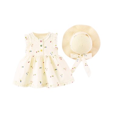 Yanlir Girl's Flower Print Ruffle Dress and Hat Set Sleeveless Sweet Summer Clothes for Toddler Kids,Cute Princess Style Dress with Matching Accessories,Breathable Casual Outfit(Beige,18 Months)