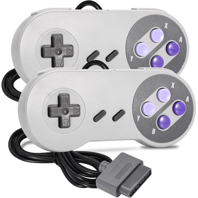 2 Pack Wired SNES Gamepad, SNES Controller Fully Compatible with Original SNES/SFC in gray and purple. The controllers feature a classic retro design with a durable ABS construction and responsive buttons for precise control. Each controller includes a wired connection with a 1.8-meter (5.9-foot) cable for stable signal transmission. Ideal for retro gaming setups.
