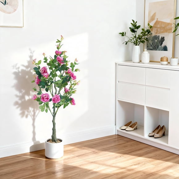 Arbre de Roses Artificielles Réalistes de 120 cm - Plante Décorative en Soie et Plastique - Durable, Faible Entretien, Facile à Décorer - pour la Maison, les Événements, Intérieur et Extérieur - Roses Magenta dans un Pot Blanc