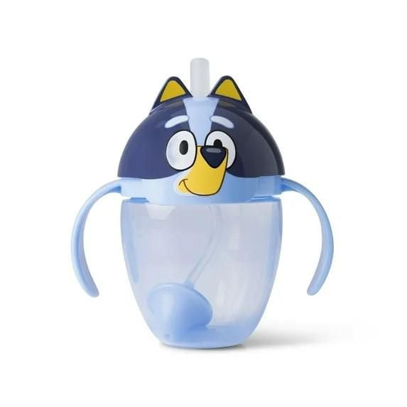 The First Years Gobelet à Paille Pondéré pour Tout-Petits Bluey pour 6 Mois et Plus, Gobelet en Plastique Transparent de 7 Onces avec Poignées Bleu Pâle et Couvercle Bleu Foncé en Forme de Visage de Bluey, Doté d'Une Paille en silicone Pondérée pour Boire Facilement sous n'Importe Quel angle et d'Un Couvercle Rabattable Anti-Déversement.