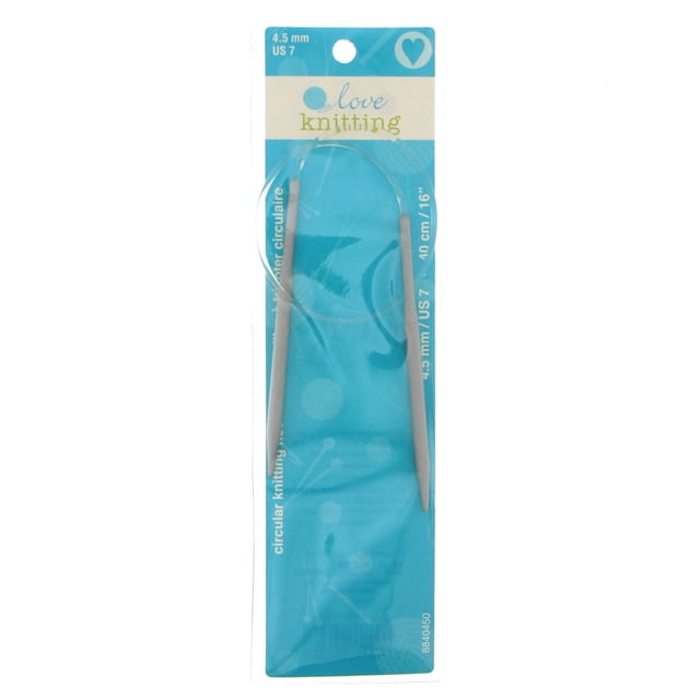 Love Knitting 16" Circular Knitting Needles in 4.5 mm US 7 size, aluminum needles connected by a flexible clear cable, packaged on a blue card with knitting-themed graphics, suitable for knitting in the round and various yarns.