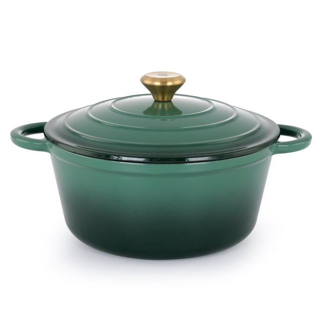 3.5 Litre Kitchen Star Cast Iron Dutch Oven 24cm in green enamel with heavy-duty cast iron body, chip-resistant multi-layer enamel finish, ergonomic side handles, and brass-coloured knob lid, ideal for slow cooking, roasting, and baking on all stovetops and in ovens.