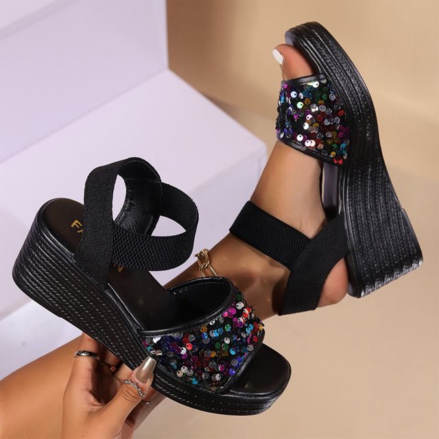 Cameland Spring And Summer New Fish Mouth Glitter Beach Thick Bottom Elastic Set Foot With Wedge Sandals Sandals For Women