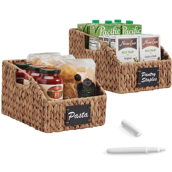 Best Choice Products Hyacinth Angled Pantry Storage Baskets W/ Handles, Chalkboard & Marker (Pack of 2) - Chestnut