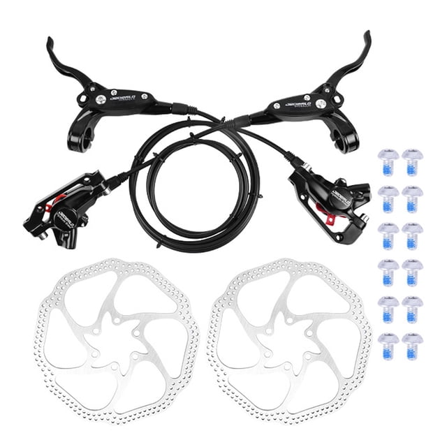 Tignapoo Hydraulic Disc Brake Set for Mountain Bikes - Aluminum Alloy Front & Rear Brake Calipers with 2 Brake Rotors, Black Finish, Includes All Necessary Hardware for Easy Installation