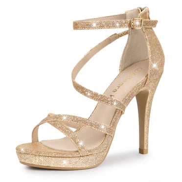 BLISSFUL STEP Women's Glitter Platform Strappy Stiletto Heels Sandals