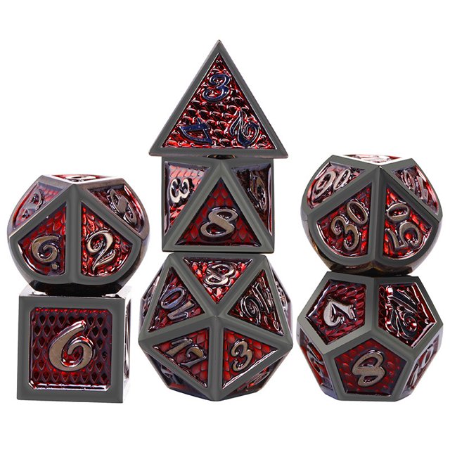 DND Dragon Scale Dice Set of 7 Pcs, Metal D&D Dice Set with Oversized D20 for Tabletop Roleplaying Games. This set features a dagger-themed design with red dragon scale patterns, black edges, and engraved numbers. Made of zinc alloy, the dice are heavy, well-balanced, and include D4, D6, D8, D10, D10 percentage, D12, and D20. Each die is oversized, with measurements ranging from 16mm to 25mm. Suitable for games like Dungeons and Dragons, Pathfinder, and more. Comes with a storage box.