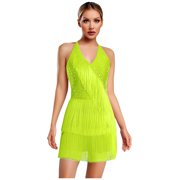 inlzdz Latin Jazz Dance Costume for Women Sleeveless Tassel Sparkly Samba Salsa Latin Ballroom Party Dress Yellow M