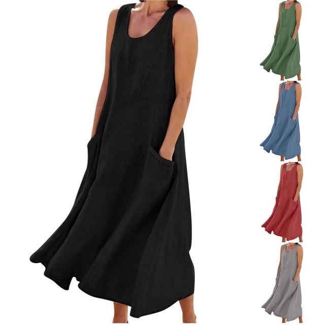 JUNWELL Liquidation d'Économies d'Été Robes Robe Maxi pour Femmes, Présentant un design Sans Manches en Coton et Lin avec un Col Ras du Cou Ample et une silhouette Fluide. la Robe Comprend des Poches Latérales Pratiques et Est Présentée en Noir, avec des options de Couleur Supplémentaires Affichées sur le Côté, Y Compris Vert, Bleu, Rouge et Gris. Idéale pour une Tenue Estivale Décontractée.