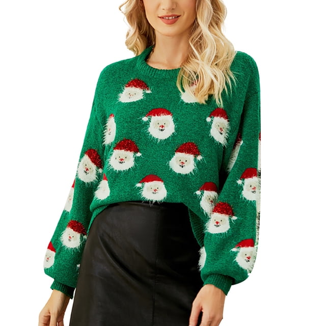 Kcodviy Chandail Tricoté de Noël pour Femmes, Chandails à Enfiler pour Femmes, Graphique, Mignon Motif de Tête de Père Noël, Chandails pour Hommes, Col Rond, Chandail à Enfiler