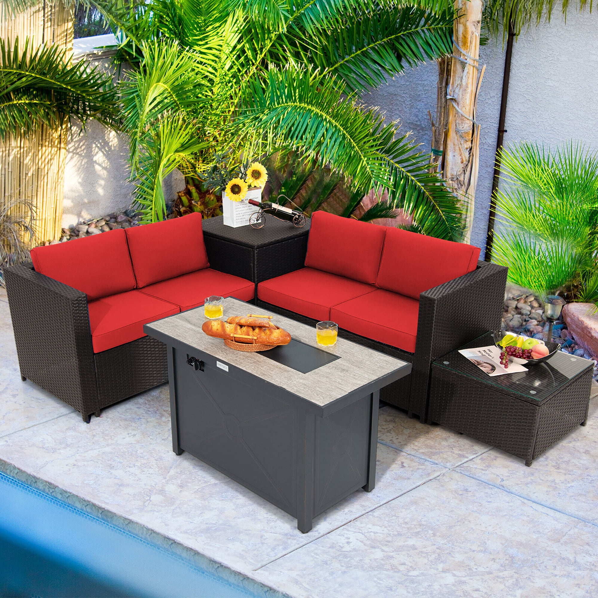 Gymax 5PCS Patio Rattan Furniture Set Fire Pit Table w/ Cover Storage Cushion Red