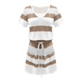 thumbnail image 4 of UPPADA Robes Décontractées à Rayures pour Femmes, Manches Courtes, Robe d'Été de Plage, Coupe Évasée, Col en V, Boho, Robe Midi, Taille à Cordon, Robes Soleil avec Poches, Robe Soleil Kaki, TTG, 4 of 6