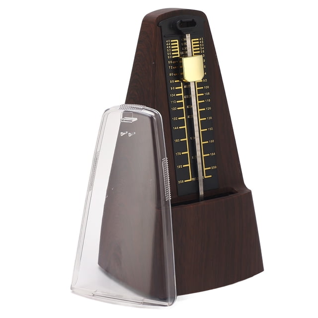 Instruments Metronome, Mechanical Metronome Precise Rhythm for violin, piano, and drums. A pyramid-shaped metronome with a wood grain finish, featuring a clear plastic cover and a visible pendulum mechanism with a beat range of 40-208 bpm. Ideal for practicing piano, guitar, bass, drums, and other instruments.