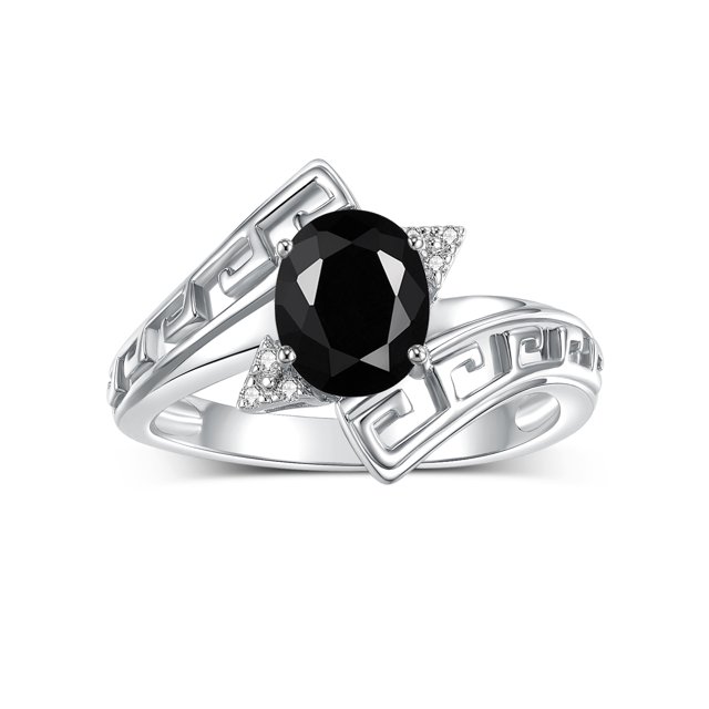 RYLOS Rings for Women Sterling Silver Greek Key Designer Ring 9X7MM Gemstone & Diamond Ring October Onyx Jewelry Size 7