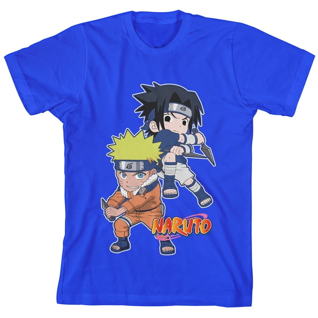 T-shirt Bleu Royal Jeunesse Naruto Classique Chibi Naruto et Sasuke Posture de Combat avec Manches Courtes et Col Ras du Cou-Moyen