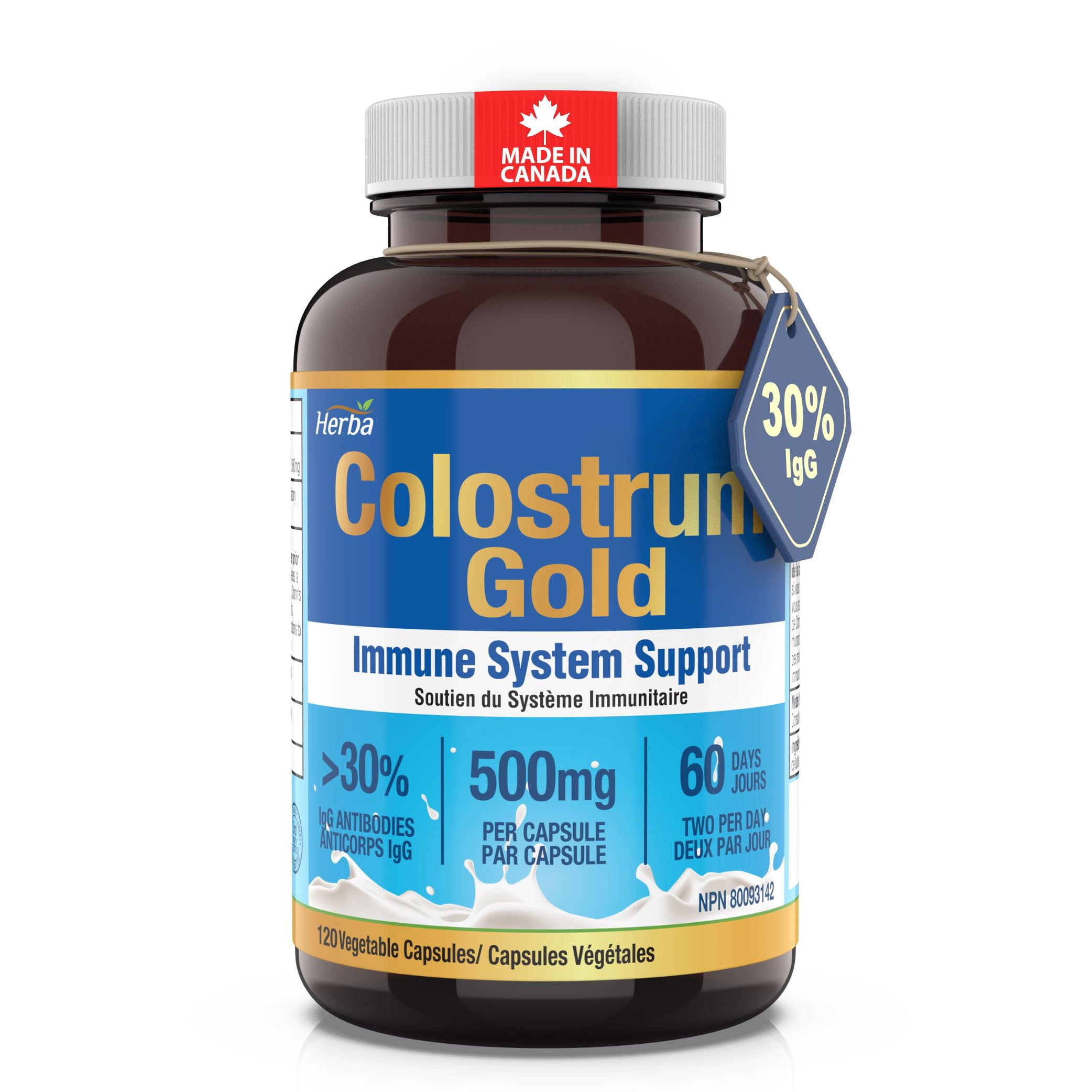 Herba Bovine Colostrum Supplements 500mg - 120 Capsules | 30% IgG - Premium Grade Colostrum Capsules | Made in Canada