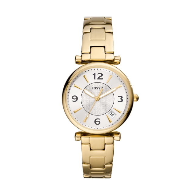 Fossil Montre à Trois Aiguilles en Acier Inoxydable pour Femme Carlie, Modèle ES5159, Dotée d'Un Boîtier en Acier Inoxydable Ton Or de 35 mm, d'Un Cadran Rayon de Soleil Argenté et d'Un Bracelet en Acier Inoxydable Ton Or de 16 mm. la Montre Comprend un Guichet de date, un Mouvement à Quartz et un Verre en Cristal Minéral Trempé pour Résister aux Égratignures. Résistante à l'Eau jusqu'à 50 m, Convient aux Courts Loisirs de Natation et à la Douche. les Maillons Peuvent Être Détachés