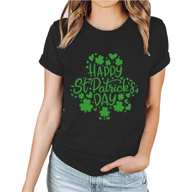 Meichang St Patricks Day T-Shirt Femme Vert Trèfle à Quatre Feuilles T-Shirts Graphiques Hauts Verts Décontracté Manches Courtes Col Rond T-Shirts St Patricks Day Liquidation