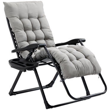 Outsunny Chaise Zéro Gravité Rembourrée, Fauteuil Inclinable Pliant, Chaise Longue de Patio avec Porte-Gobelet, Dossier Réglable, Coussin Amovible pour l'Extérieur, Patio, Terrasse et Bord de Piscine, Gris