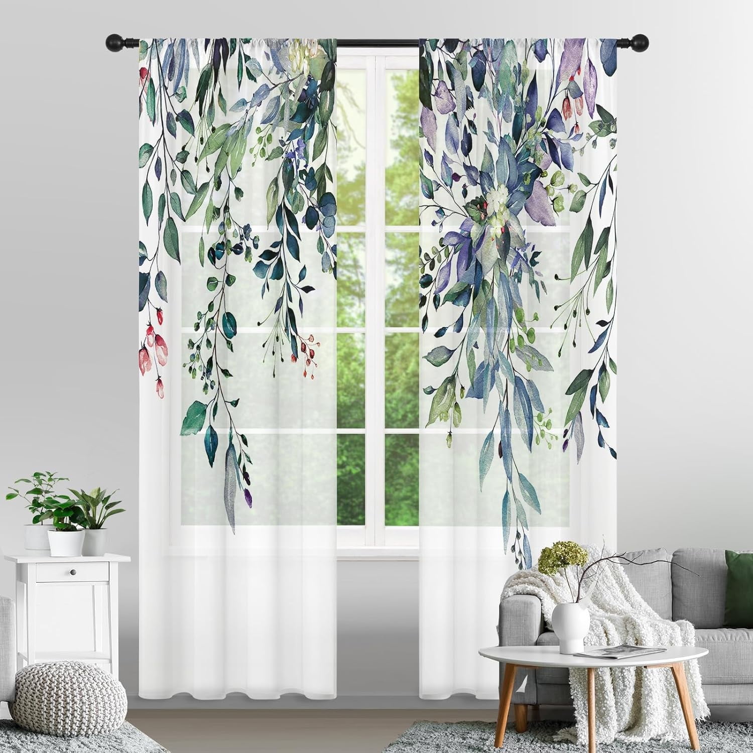 Eucalyptus Leaves Sheer Curtains 84 Inches Long 2 Panels Set, Green Semi Sheer Curtains Light Filtering, Spring Summer Soft Drapes for Bedroom Living Room Dining Room Window, 52" X 84"