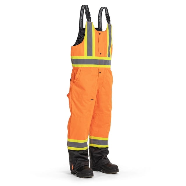 Forcefield Hi-Visibility Winter Safety Overall in bright orange with lime and gray reflective tape on chest, back, and legs, made from tear-resistant polyurethane-coated ripstop fabric with 200 gsm polyfill insulation. Features adjustable black elastic shoulder straps with Forcefield branding, multiple pockets including side entry and front slash, black reinforced lower legs with hip-height side-leg zips, designed for windproof, waterproof protection and CSA Z96-22 Class 2 Level 2 compliance, suitable for winter outdoor workwear.