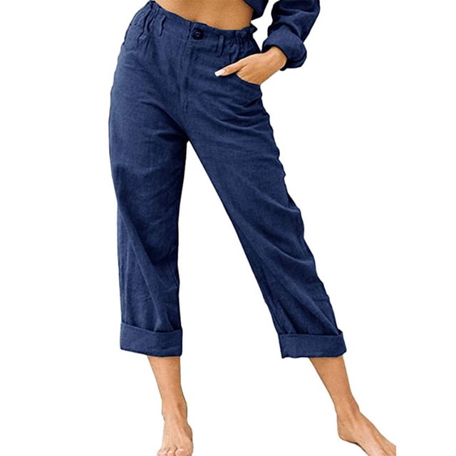 Penkiiy Pantalon Capri Court Décontracté à Taille Élastique pour Femme, Bleu Marine, TG