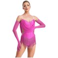 thumbnail image 4 of Aislor Justaucorps de Danse à Paillettes pour Femmes avec Strass Robe de Danse Jazz Latine à Franges avec Gants Rose Vif m, 4 of 7